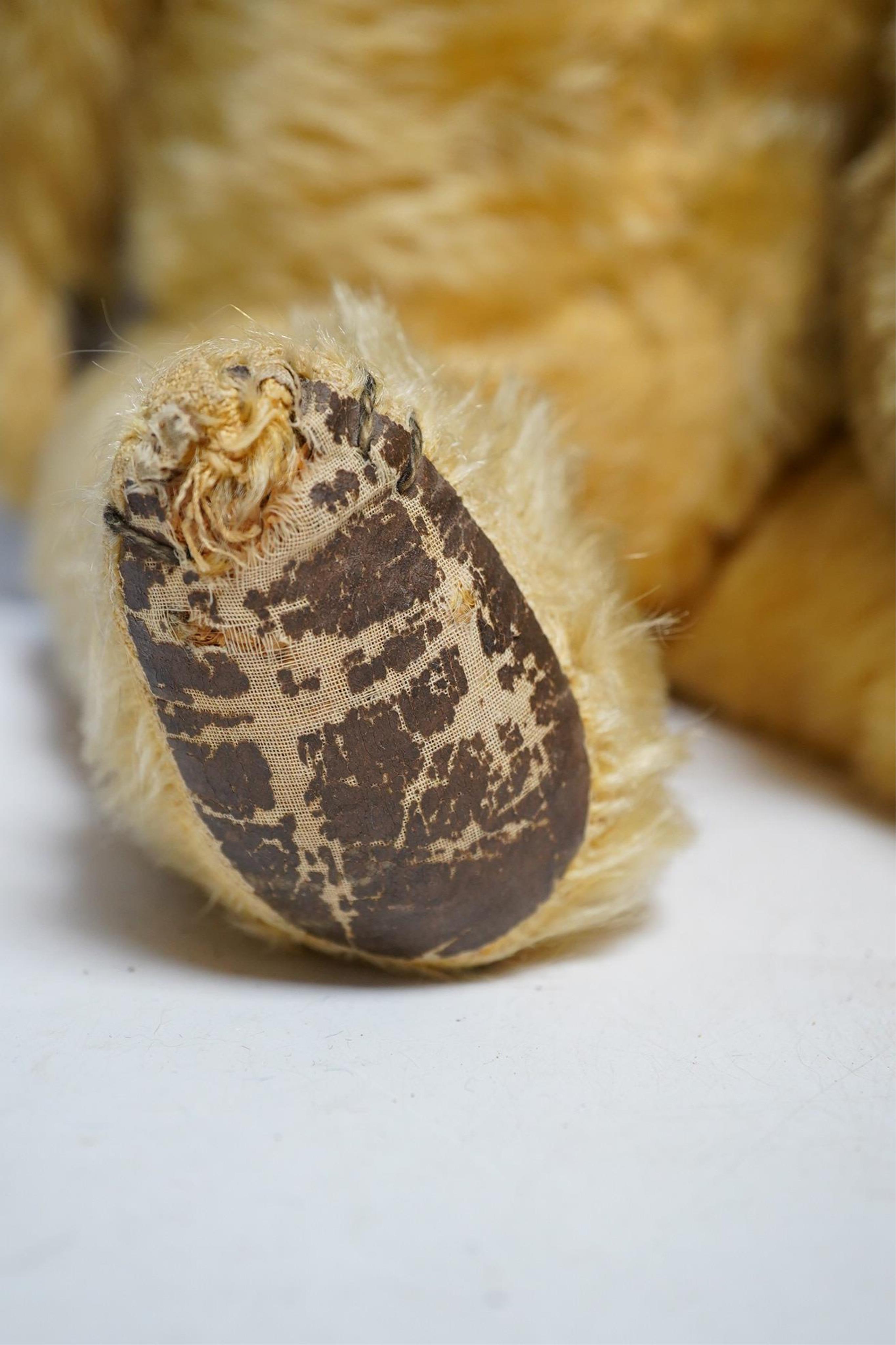 A Chiltern Hugmee teddy bear, with velvet paw pads, 59cm high, and a Chiltern Hugmee teddy bear, with oil cloth paw pads, some hair loss (2). Condition - fair